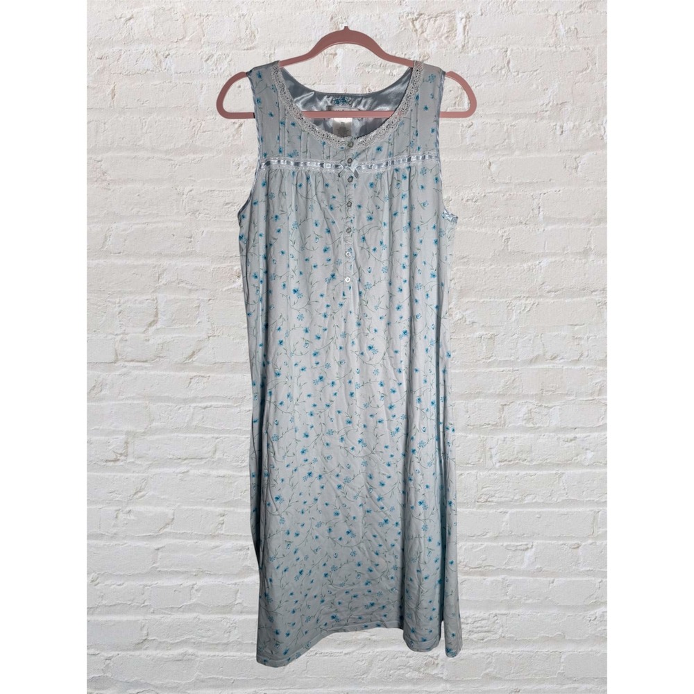Earth Angels Womens Blue Floral Cotton Lace Trim Sleep Dress Nightgown Small